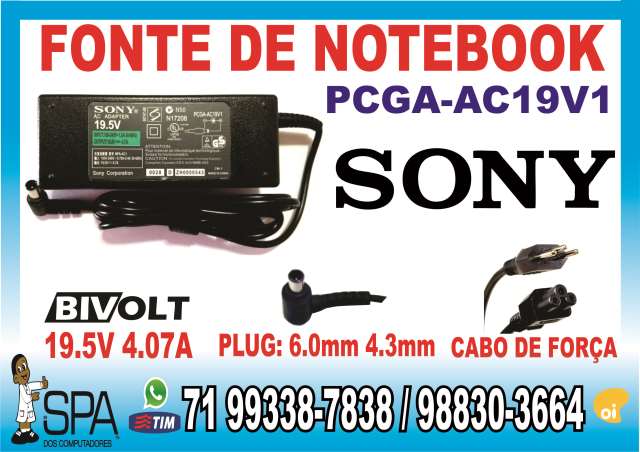 Carregador Sony PCGA-AC19V1 19.5V 4.07A Plug 6.0mm x 4.3mm em Salvador Ba