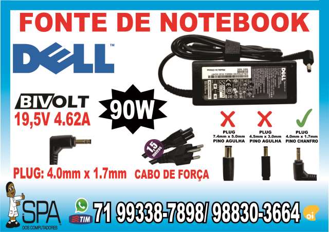 Carregador Dell 19.5v 4.62a 90w 4.0mm x 1.7mm sem agulha em Salvador